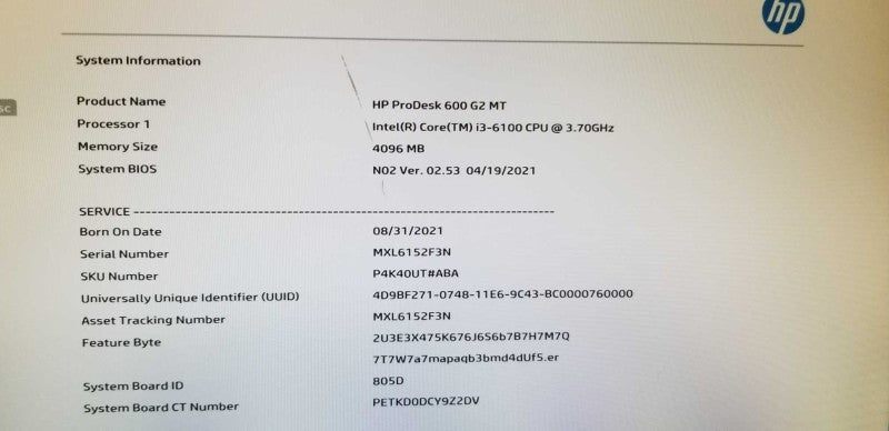 HP ProDesk 600 g2 MT i3-6100 4GB RamDeesktop =