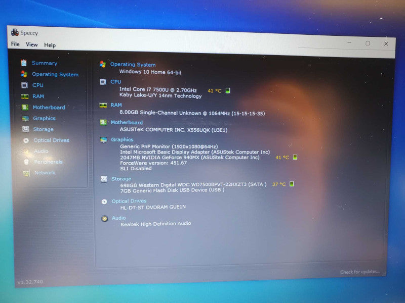Asus X556U Core i7-7500 @ 2.7 GHz 8GB 700GB HDD GeForce 940MX 2GB (