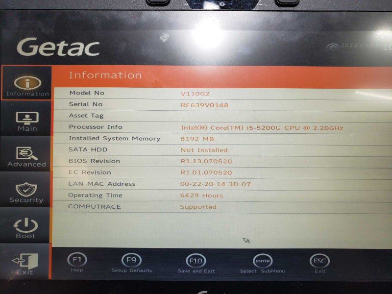 Getac V110 G2 Rugged Laptop i5-5200U 2.2GHz 8GB No HDD 2x Battery [