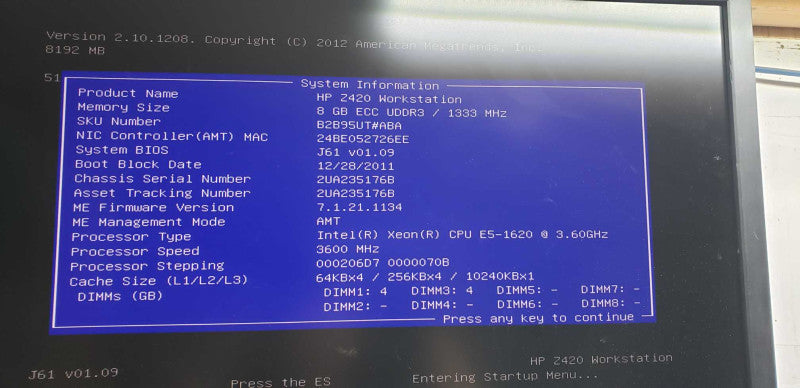 HP Z420 workstation Xeon E5-1620 @ 3.60ghz / 8gb ram / Quadro NVS 290 GPU #