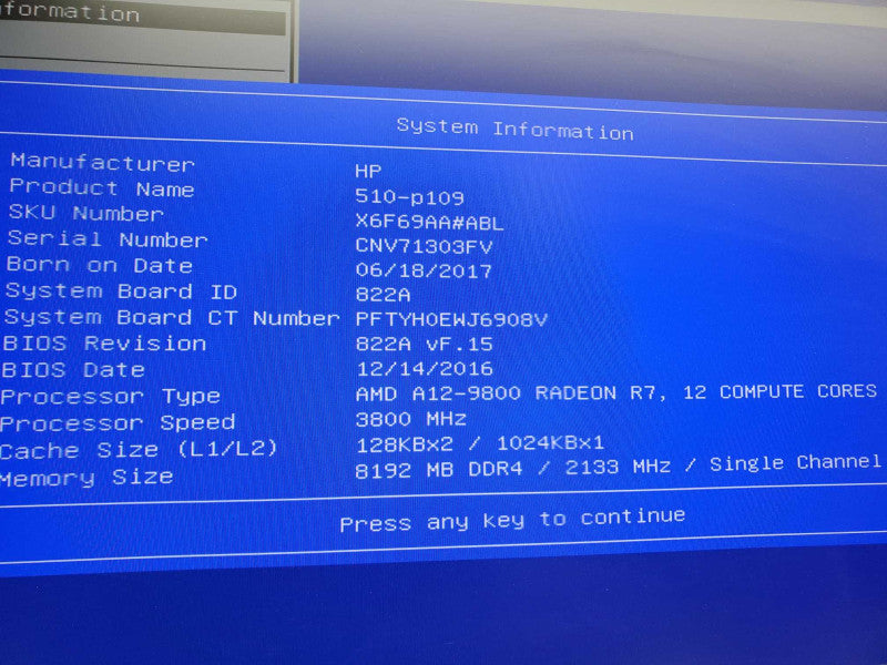 HP Pavilion 510-p109 AMD A12-9800 RADEON R7 @3.8GHz 8GB DDR4 )