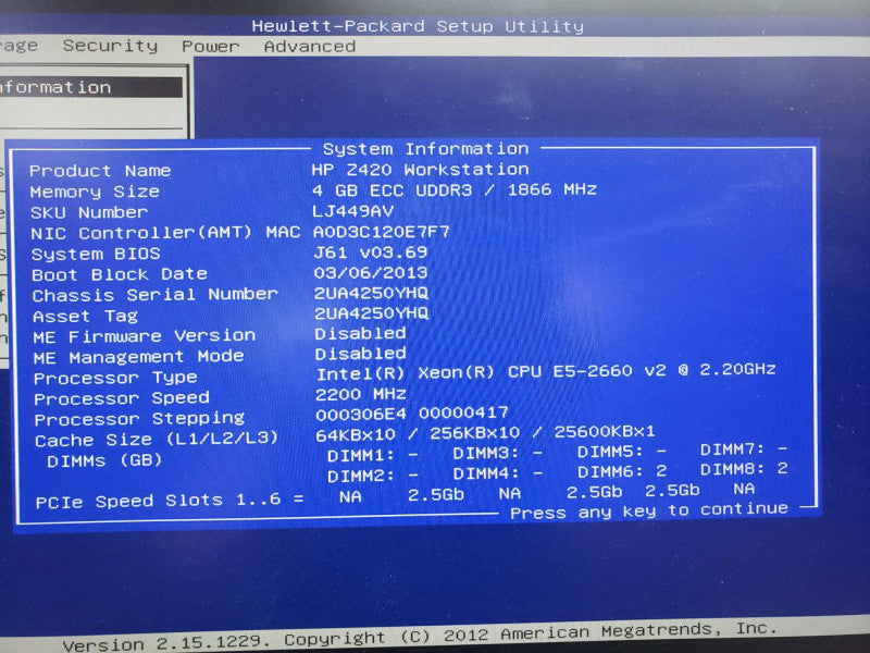 HP Z420 Xeon E5-2660 v2@2.2Ghz 4Gb ECC DDR3 No HDD No GPU [