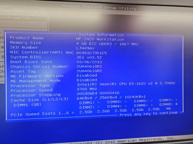 HP Z420 Workstation Xeon E5-1620 v2 @ 3.7Ghz 4GB Ram No HDD No GPU (