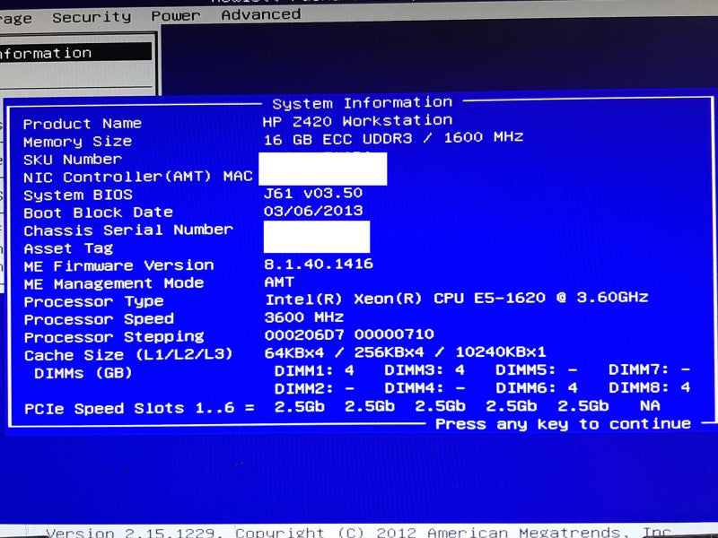 HP Z420 Workstation Xeon E5-1620 @ 3.6GHz 16GB RAM - NO HDD +