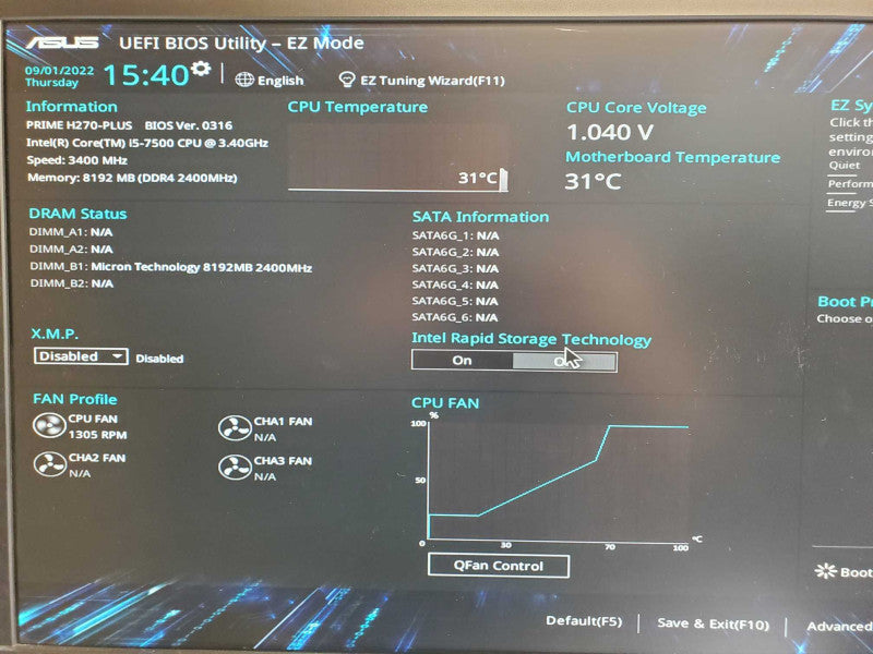 Custom/Asus PC, Core I5-7500 2.8GHz, 4GB DDR4, No HDD _