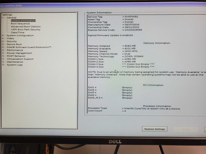 Dell Optiplex 5040, Core I5-6500T 2.5GHz, 8GB DDR4, No HDD/Caddy _