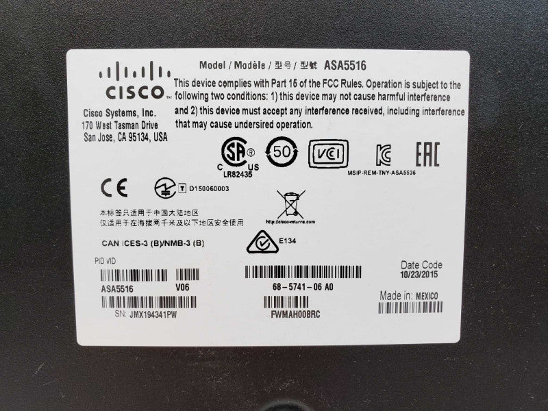 CISCO ASA 5516-X Firewall Adaptive Security Appliance ASA5516-K9 NO SSD (