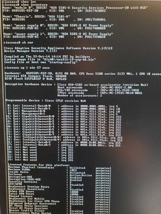 Cisco 5585 Firewall Chassis 1x ASA5585-XSSP-20, 2x PSU, VPN premium license _