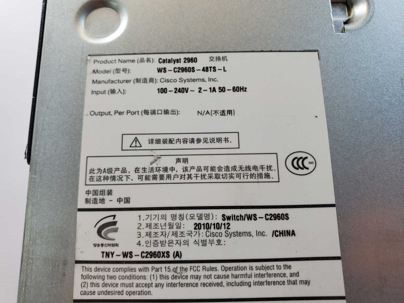 Cisco Catalyst C2960S Series WS-C2960S-48TS-L V02 48-Port Ethernet PoE Switch (
