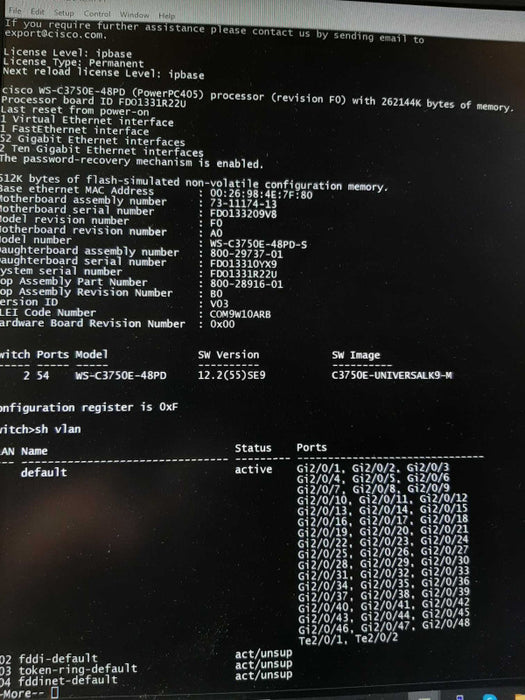 Cisco WS-C3750E-48PD-S 48-Port Gigabit PoE 3750E Switch, FACTORY RESET ~