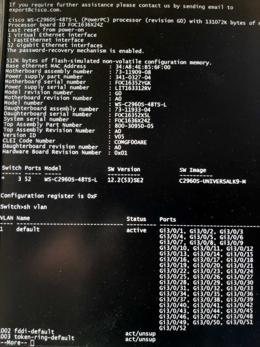 Cisco WS-C2960S-48TS-L 48 Port Gigabit Ethernet LAN Switch, FACTORY RESET ~
