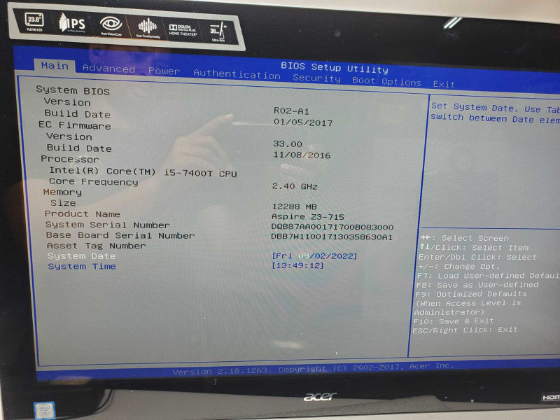 Acer AZ238w5 AIO, Core I5-7400T 2.4GHz, 12GB RAM, No HDD/Power Adapter _