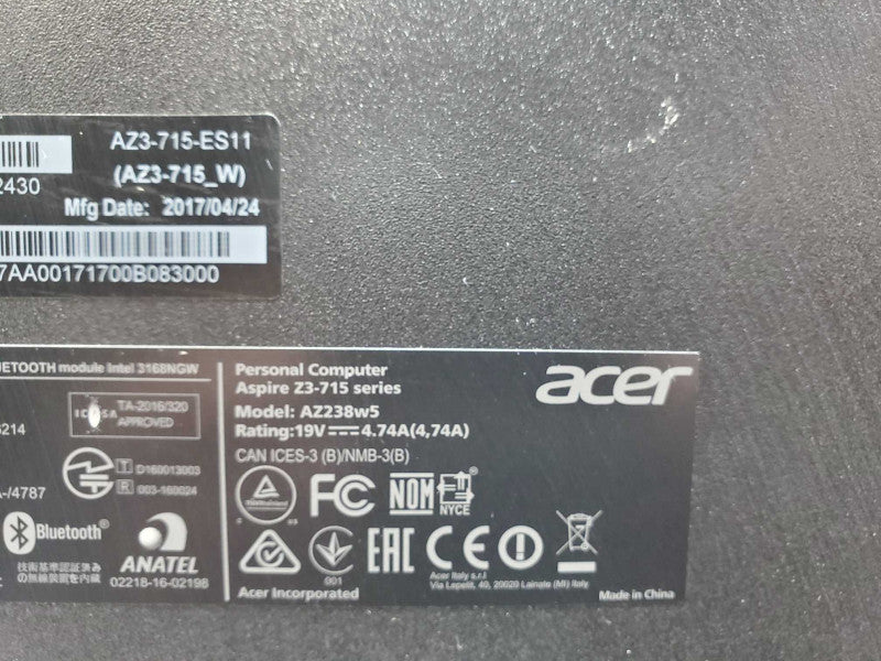 Acer AZ238w5 AIO, Core I5-7400T 2.4GHz, 12GB RAM, No HDD/Power Adapter _