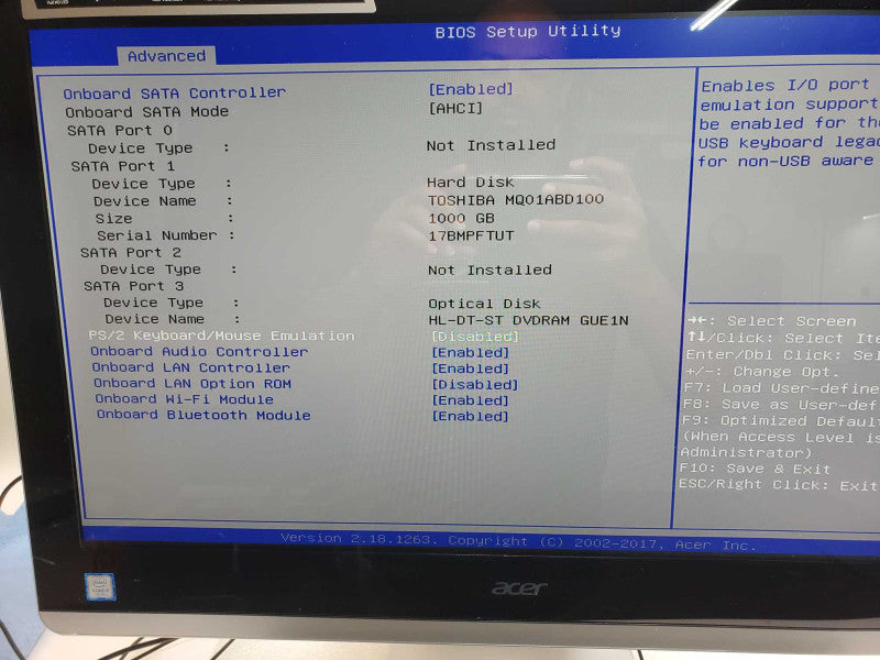 Acer AZ238w5 AIO, Core I5-7400T 2.4GHz, 12GB RAM, 1TB HDD, No Power Adapter _