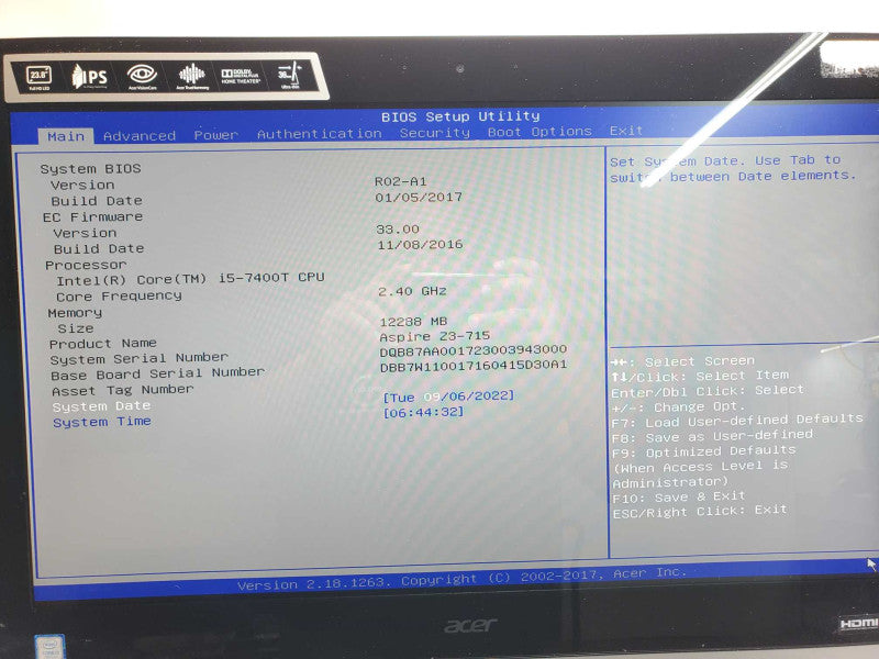 Acer AZ238w5 AIO, Core I5-7400T 2.4GHz, 12GB RAM, 1TB HDD, No Power Adapter _