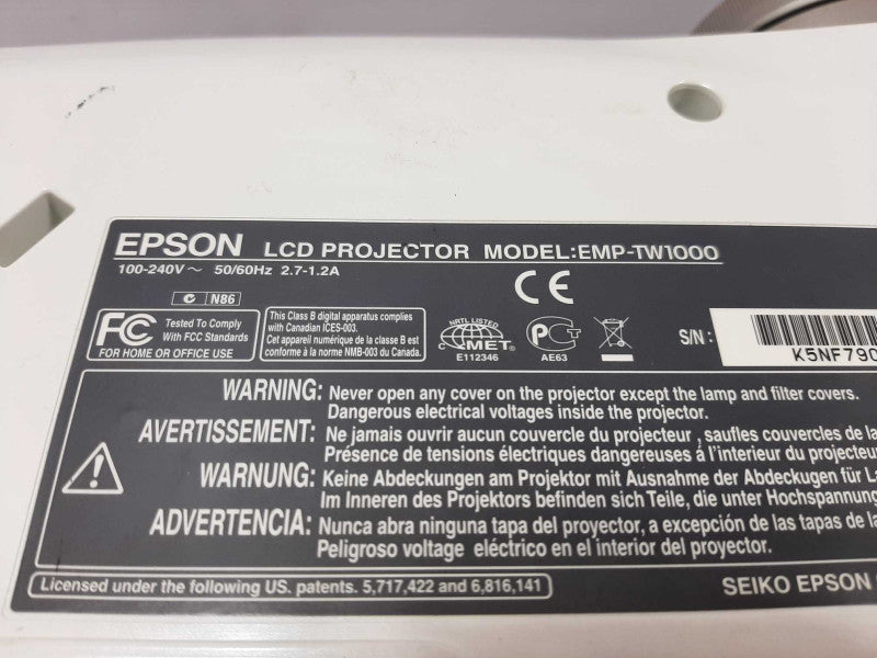Epson EMP-TW1000 PowerLite Home Cinema 1080 Projector NO Remote, 1867H ~