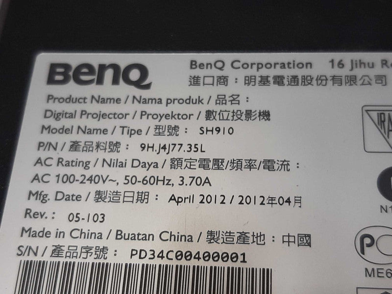 BenQ SH910 Conference Room Projector 1080P HDMI, NO remote, Lamp Hours: 178 ~