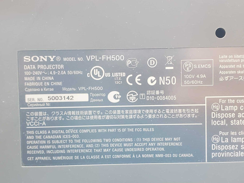 SONY VPL-FH500 WUXGA PROJECTOR ONLY 346H lamp timer, missing Lens Cover, Read _