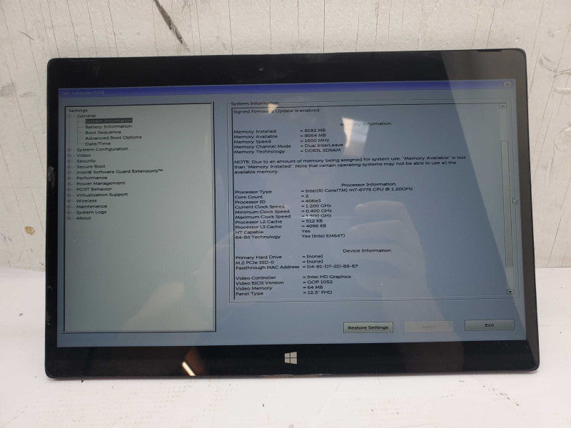 Dell Latitude 7275 Come m7-6Y75 1.2GHz 8GB RAM, No HDD, No Keyboard |