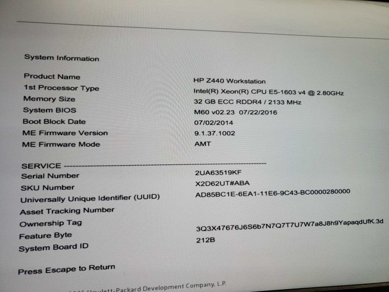 HP Workstation Z440 Xeon E5-1603v4 @2.8GHz 32GB DDR4 No HDD )
