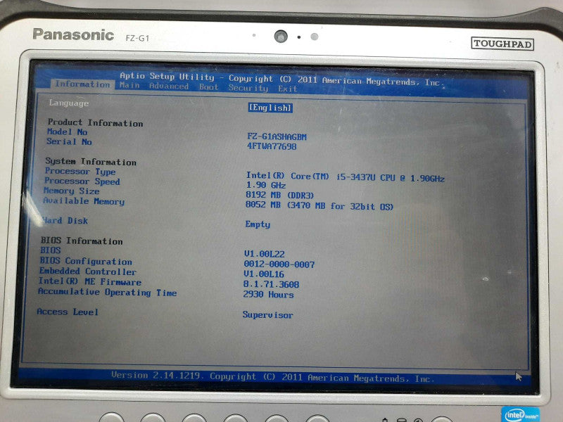 Panasonic ToughPad FZ-G1, i5-3437U  1.9GHz 8GB DDR3 No M.2 HDD, No Battery/Wif |