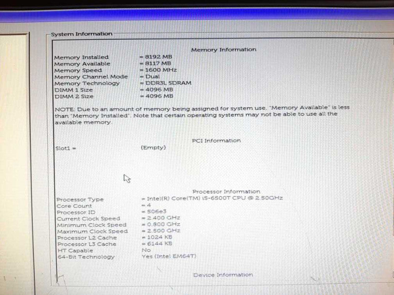 Dell OptiPlex 3040 i5-6500T @ 2.50GHz 8GB RAM - NO HDD +