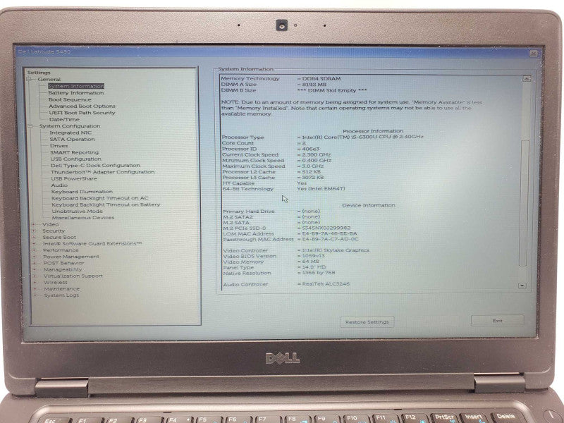 Dell Latitude 5480, Core I5-6300U 2.4GHz, 8GB DDR4, 256GB M.2 SSD w/ Power Ada _