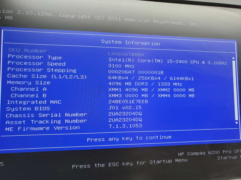 HP Compaq 6200 Core i5-2400 @3.1GHz 4GB DDR3 No HDD )