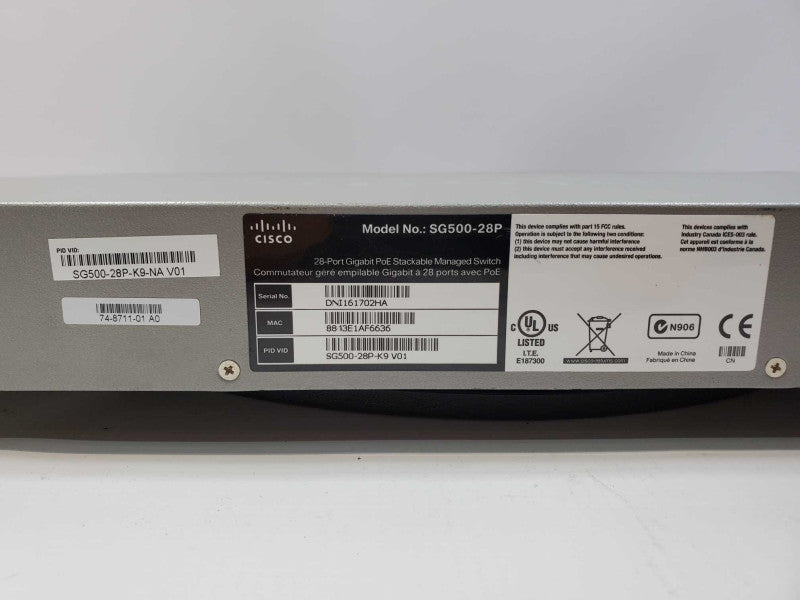 Cisco SG500-28P-K9 28 Port Gigabit PoE Stackable Manged Switch 2x SFP Ports (
