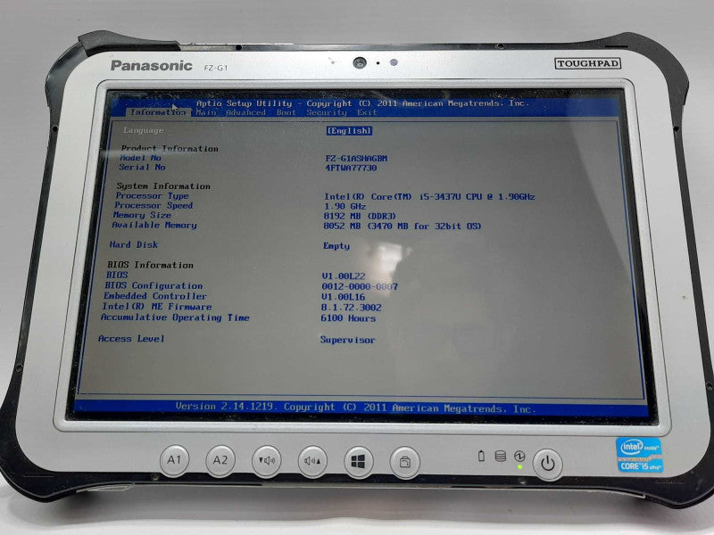 Panasonic ToughPad FZ-G1, i5-3437U 1.9GHz, 8GB DDR3, No M.2 |