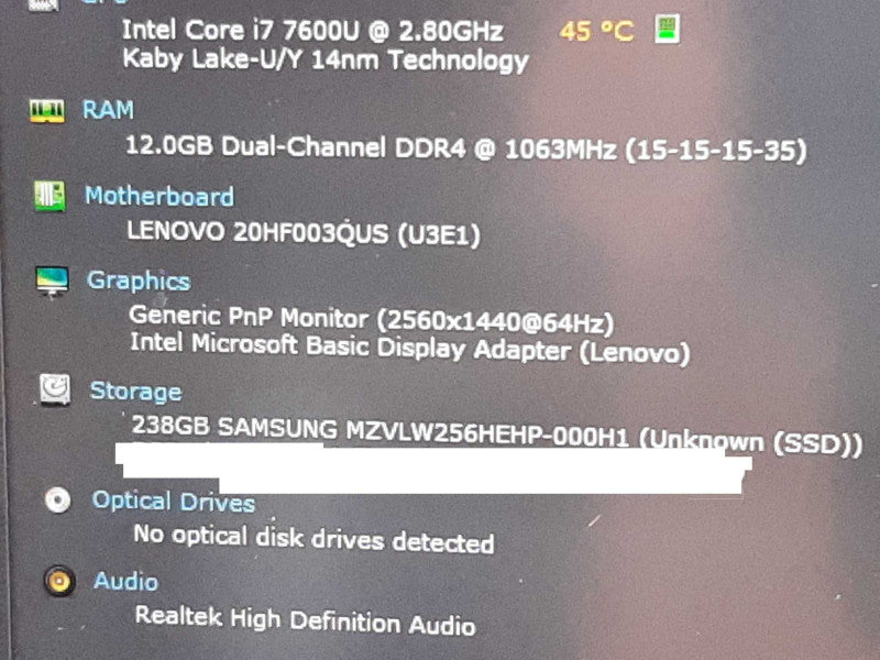 Lenovo Laptop ThinkPad T470S, i7-7600u 2.8GHz/12GB DDR4, 256GB SSD ~