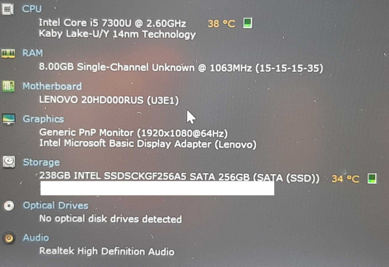 Lenovo T470 laptop i5-7300U @ 2.6GHz 8GB RAM 240GB SSD +