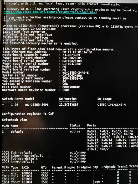 Cisco WS-C3560-24PS-S 24 Port PoE Catalyst 3560 Switch, FACTORY RESET ~