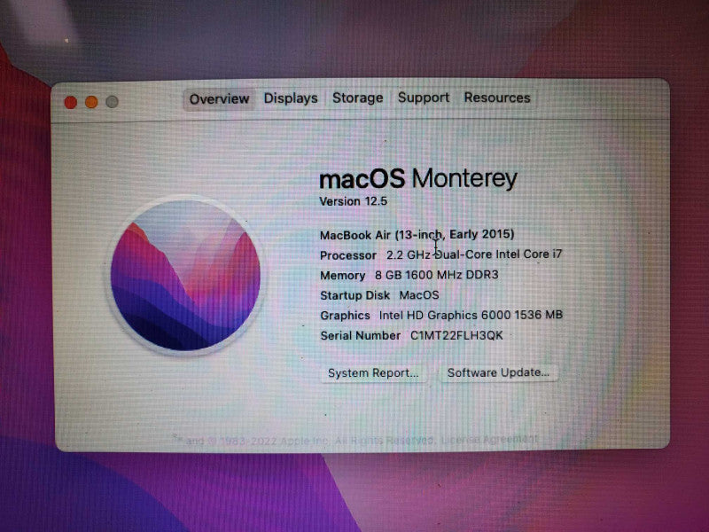 MacBook Air 2015 Core i7-5650U @ 2.2 GHz 8GB DDR3 250GB SSD (