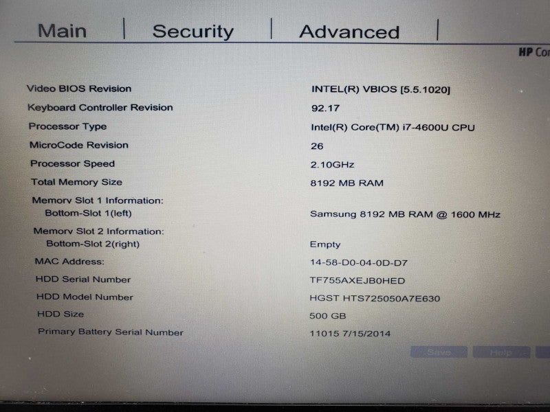 HP Elitebook Folio 9480m i7-4600u 2.1GHz 8GB DDR3 500GB HDD |