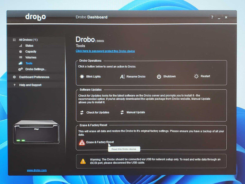 Data Robotics Drobo B800i 8-bay ISCSI SAN enclosure 2x 2TB HDDs, Factory Reset _