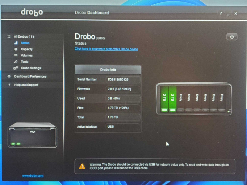 Data Robotics Drobo B800i 8-bay ISCSI SAN enclosure 2x 2TB HDDs, Factory Reset _