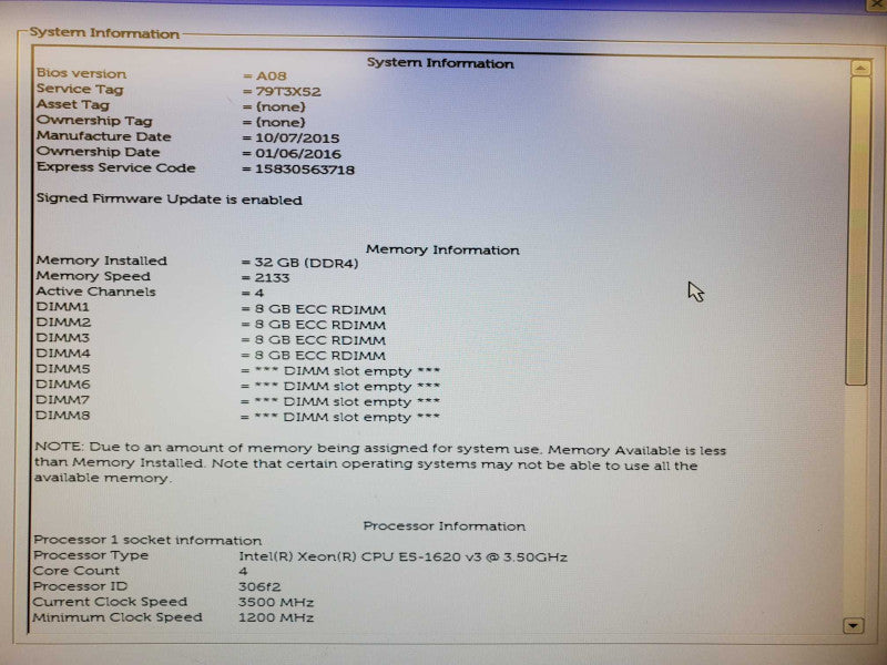 Dell Precision Tower 5810 Xeon E5-1620 v3 @ 3.5Ghz 32GB DDR4 No HDD No GPU (