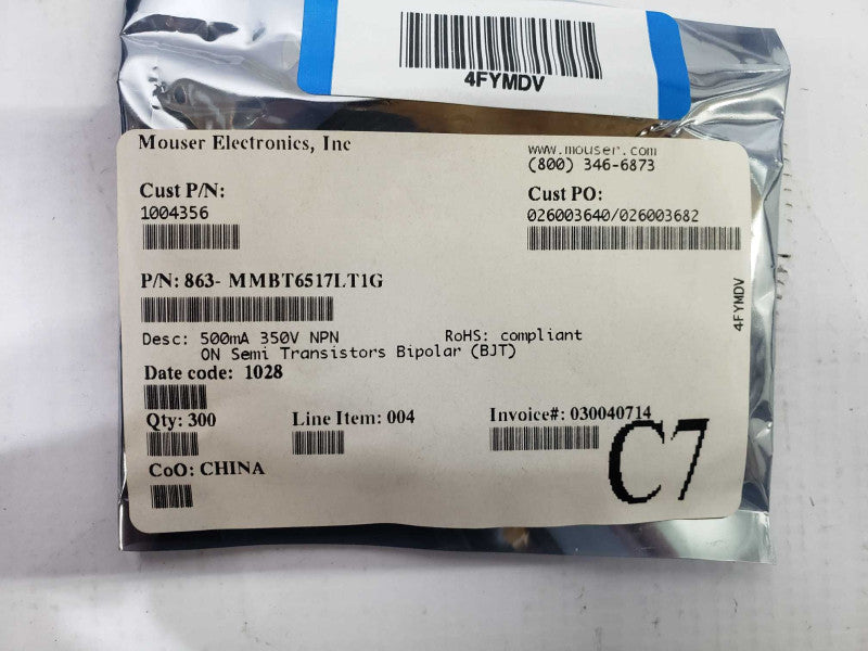 Mouser Electronies, INC 863-MMBT6517LT1G Qty 300 [
