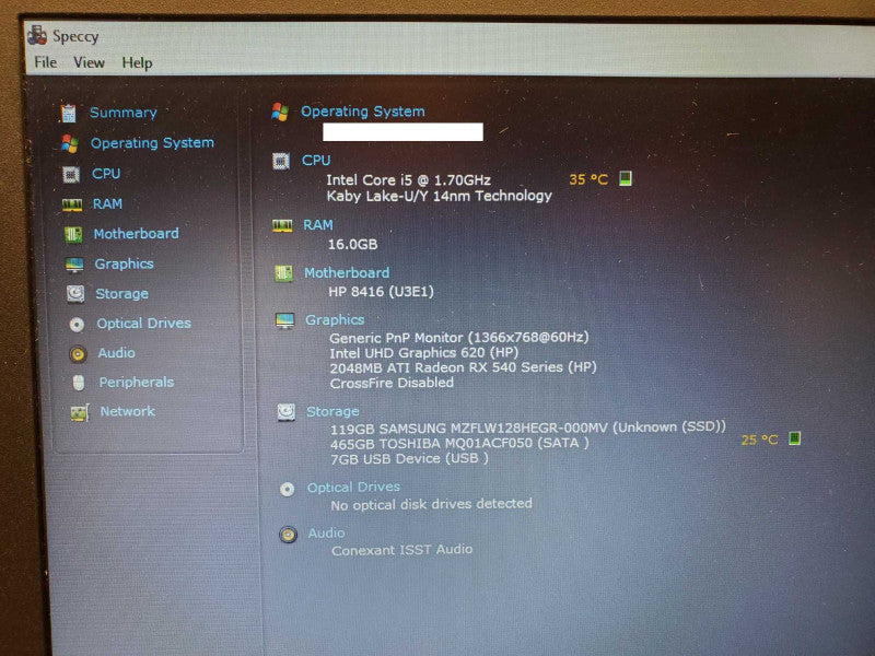 HP ProBook 650 G4 i5-8350U @ 1.7Gz 16GB RAM 120GB SSD + 500GB HDD (
