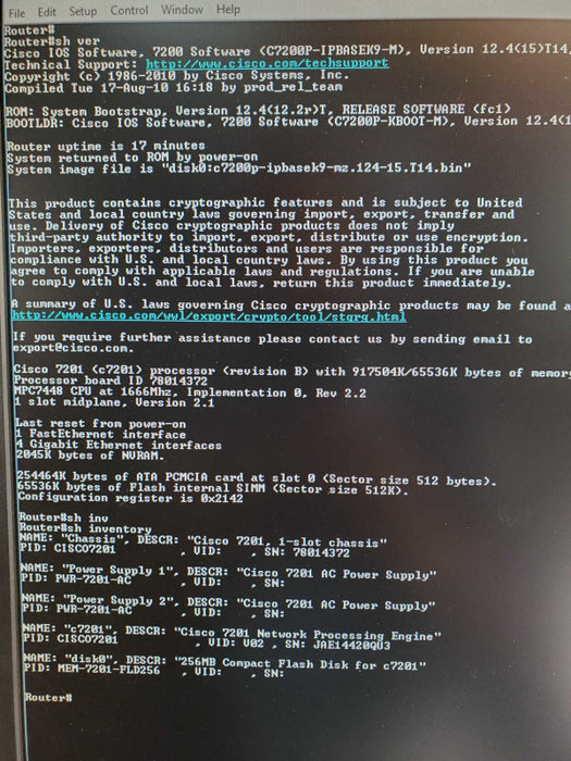 Cisco 7201 Router CISCO7201 w/ Dual AC Power Supply, factory reset _