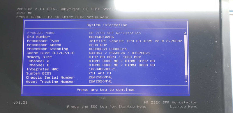 HP Z220 SFF Xeon E3-1225 V2 @ 3.20ghz / 8gb ram / see notes #