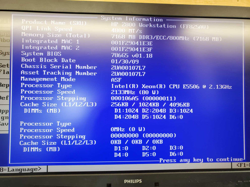 HP Z800 Workstation Xeon E5506 @ 2.13 GHz 7GB Ram No HDD (