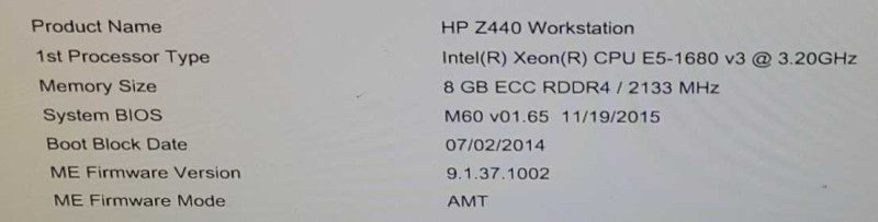 HP Z440 E5-1680 v3 3.2GHz Nvidia Quadro 2000 1GB NO OS NO HDD $