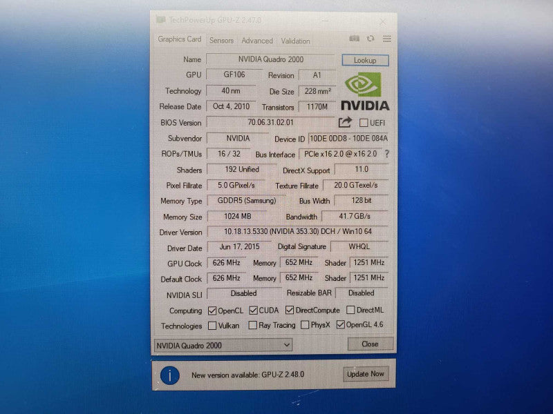 Dell Nvidia Quadro 2000 1GB 2 x DisplayPort DVI PCI-E Graphics Card (