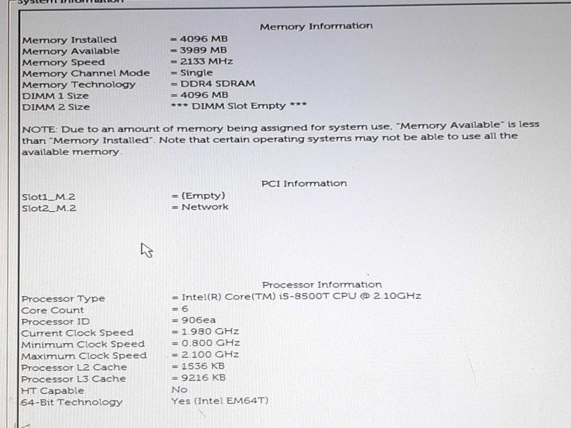 Dell OptiPlex 3060 i5-8500T @ 2.10GHz 4GB RAM - No HDD/Caddie +