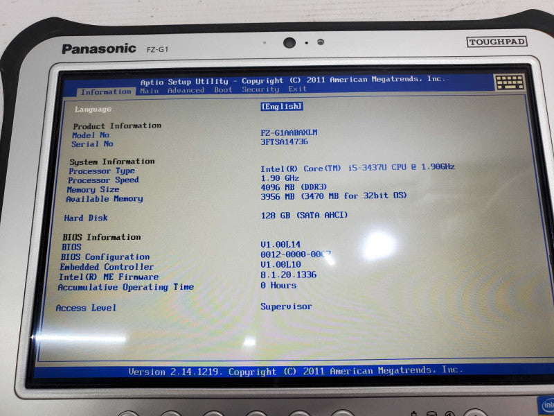 Panasonic ToughPad FZ-G1, i5-3437U  1.9GHz 4GB DDR3 128GB SSD (Wiped) |