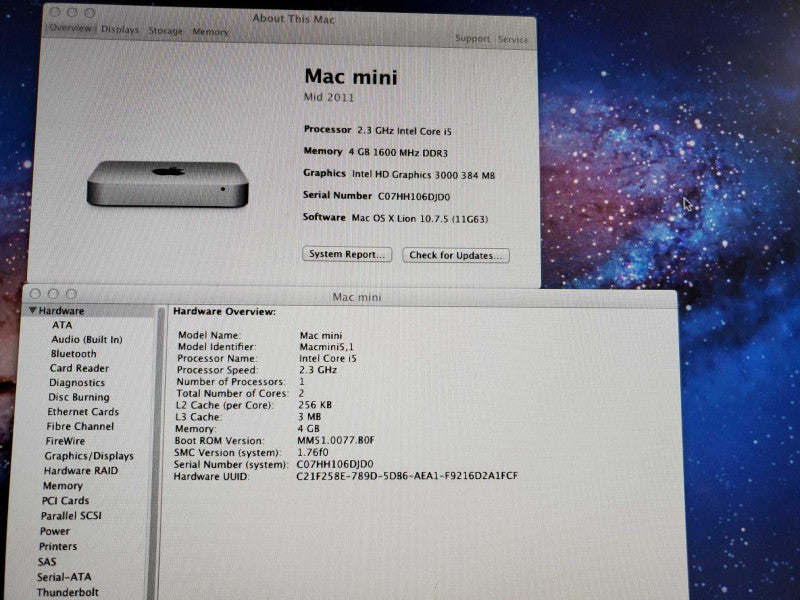 APPLE Mac Mini Mid 2011 A1347 Core i5-2415M @2.3GHz 4GB HD 3000 No HDD )