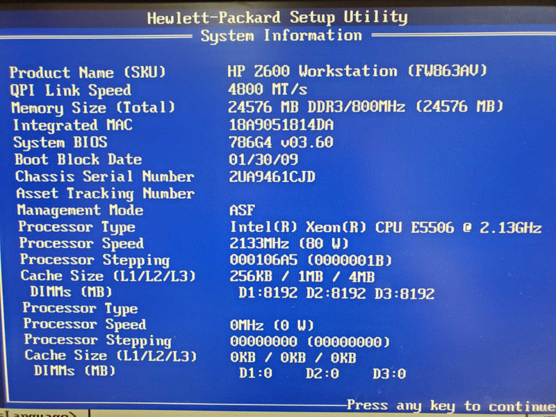 HP Z600 Workstation Xeon E5506 2.13GHz 24GB DDR3 Quadro FX1800 |
