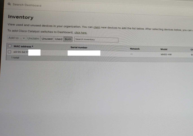 Cisco Meraki MX65-HW Cloud Managed Security Appliance Unclaimed )
